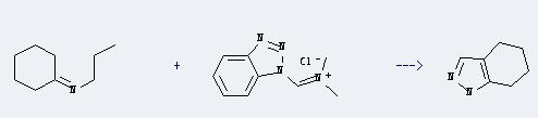 1H-Indazole,4,5,6,7-tetrahydro- can be prepared by cyclohexylidene-propyl-amine and benzotriazol-1-ylmethylene-dimethyl-ammonium; chloride